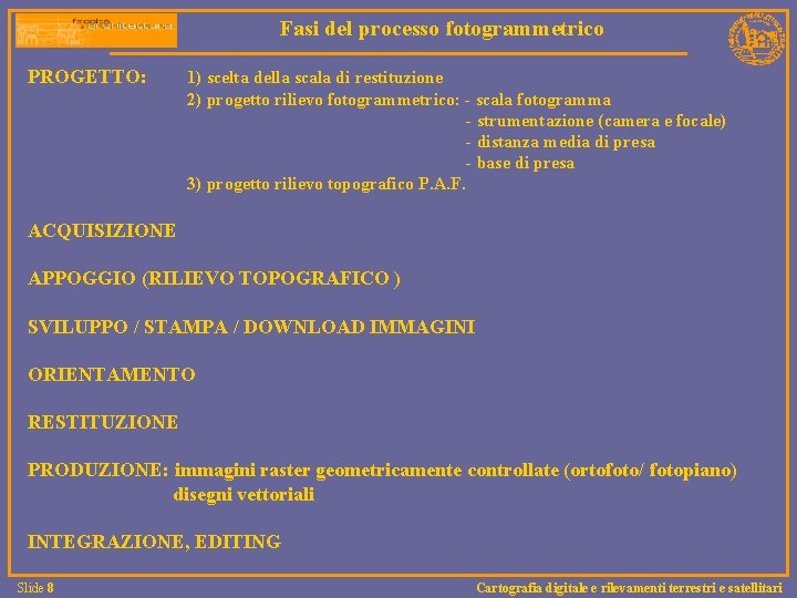 Fasi del processo fotogrammetrico PROGETTO: 1) scelta della scala di restituzione 2) progetto rilievo