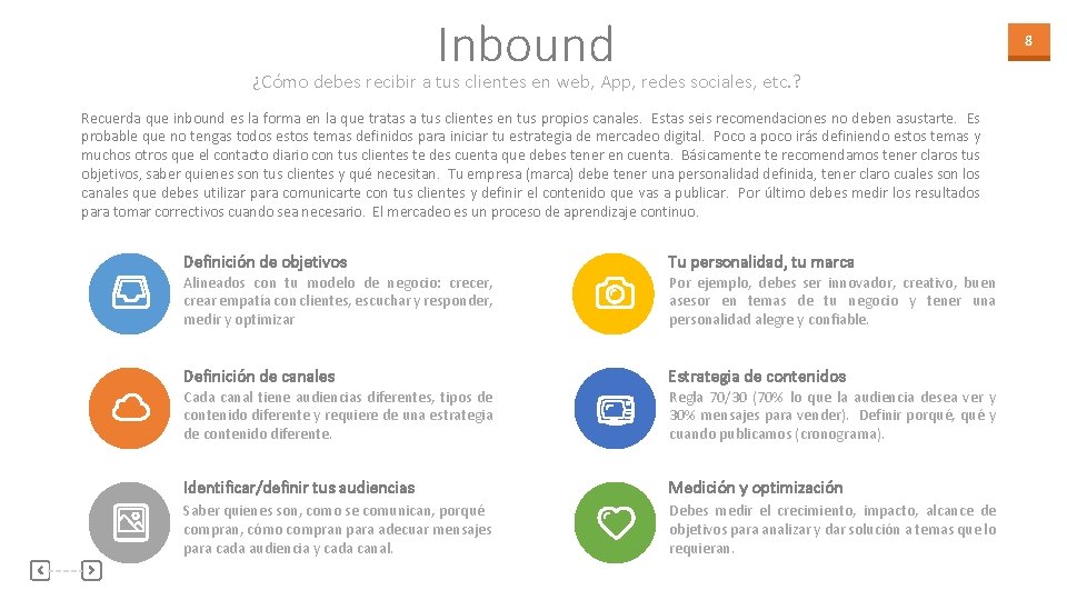 Inbound 8 ¿Cómo debes recibir a tus clientes en web, App, redes sociales, etc.