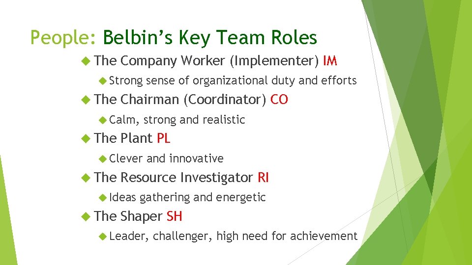 People: Belbin’s Key Team Roles The Company Worker (Implementer) IM Strong The Chairman (Coordinator) People: Belbin’s Key Team Roles The Company Worker (Implementer) IM Strong The Chairman (Coordinator)