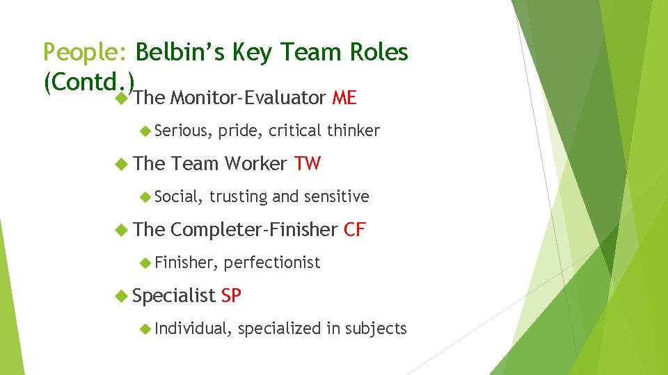 People: Belbin’s Key Team Roles (Contd. ) The Monitor-Evaluator ME Serious, The Team Worker People: Belbin’s Key Team Roles (Contd. ) The Monitor-Evaluator ME Serious, The Team Worker