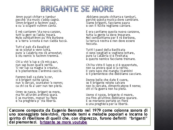 Amm pusat chitarr e tambur pecchè 'sta music s'adda cagnà. Simm brigant e facimm' Amm pusat chitarr e tambur pecchè 'sta music s'adda cagnà. Simm brigant e facimm'