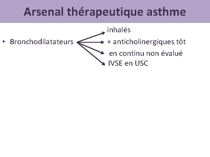 Arsenal thérapeutique asthme • Bronchodilatateurs inhalés + anticholinergiques tôt en continu non évalué IVSE