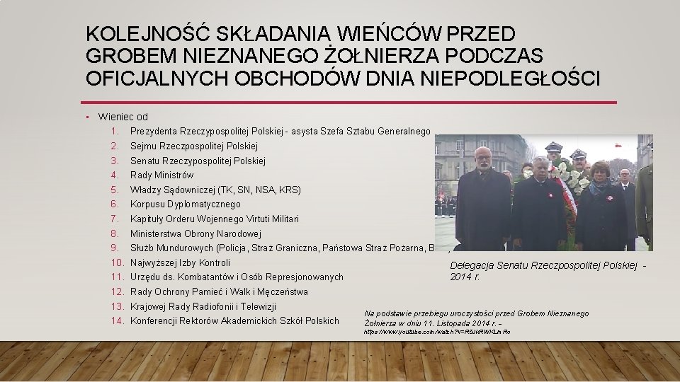 KOLEJNOŚĆ SKŁADANIA WIEŃCÓW PRZED GROBEM NIEZNANEGO ŻOŁNIERZA PODCZAS OFICJALNYCH OBCHODÓW DNIA NIEPODLEGŁOŚCI • Wieniec