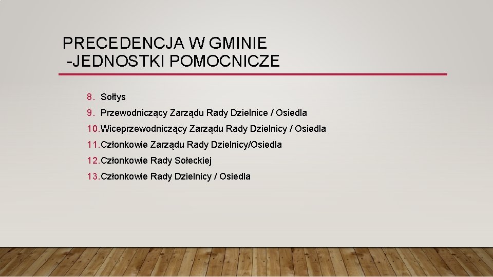 PRECEDENCJA W GMINIE -JEDNOSTKI POMOCNICZE 8. Sołtys 9. Przewodniczący Zarządu Rady Dzielnice / Osiedla