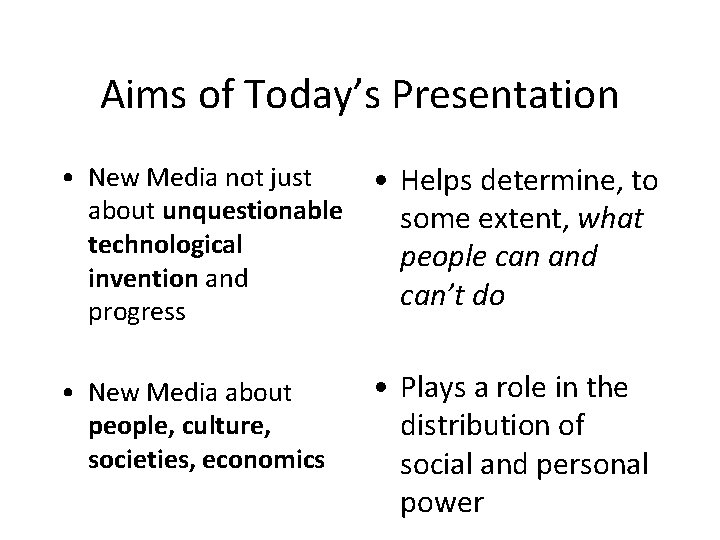 Aims of Today’s Presentation • New Media not just about unquestionable technological invention and