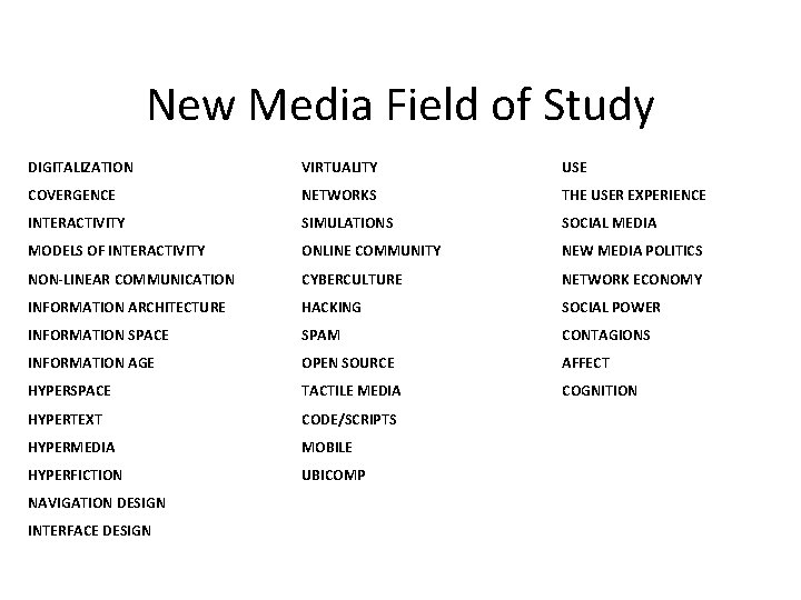 New Media Field of Study DIGITALIZATION VIRTUALITY USE COVERGENCE NETWORKS THE USER EXPERIENCE INTERACTIVITY
