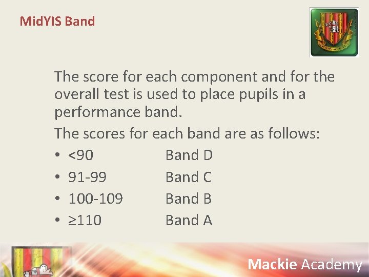 Mid. YIS Band The score for each component and for the overall test is