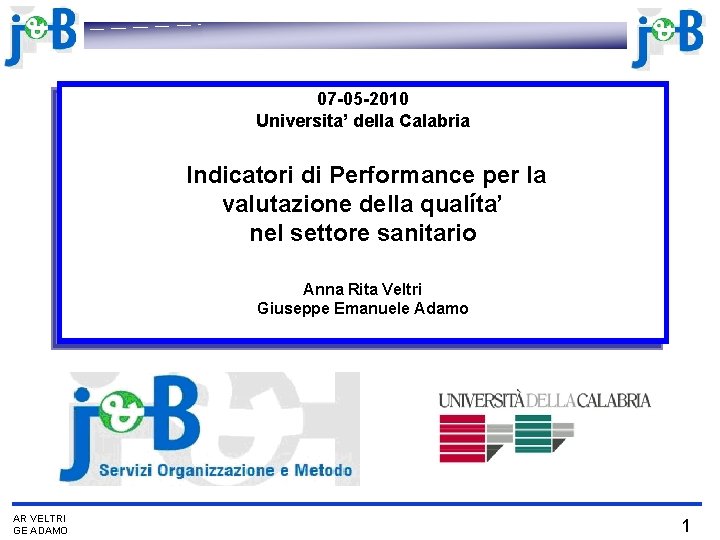 07 -05 -2010 Universita’ della Calabria Indicatori di Performance per la valutazione della qualíta’