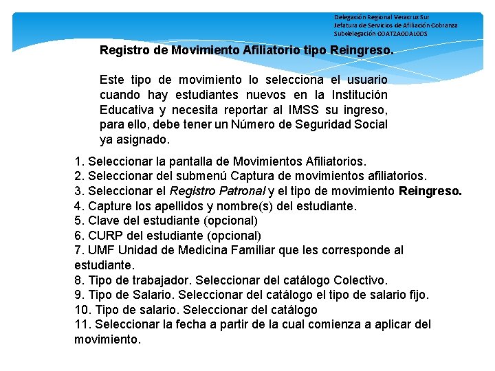 Delegación Regional Veracruz Sur Jefatura de Servicios de Afiliación Cobranza Subdelegación COATZACOALCOS Registro de