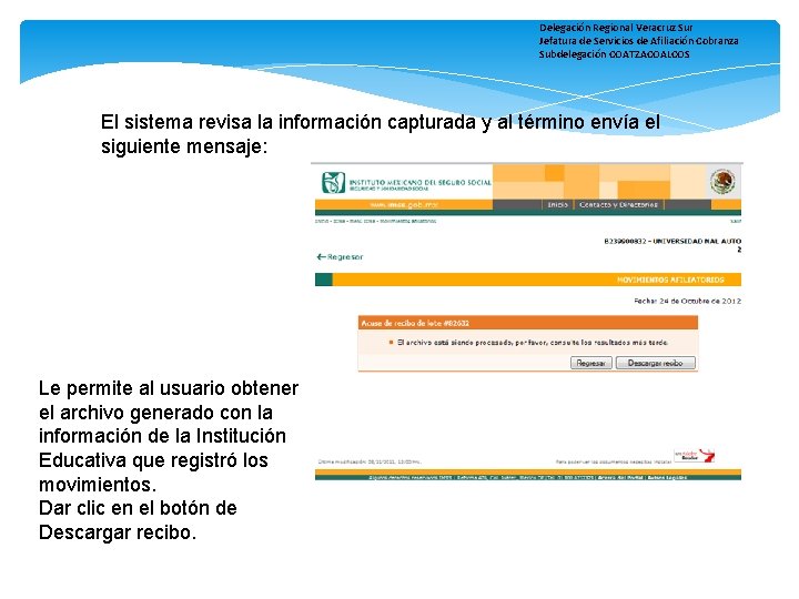 Delegación Regional Veracruz Sur Jefatura de Servicios de Afiliación Cobranza Subdelegación COATZACOALCOS El sistema