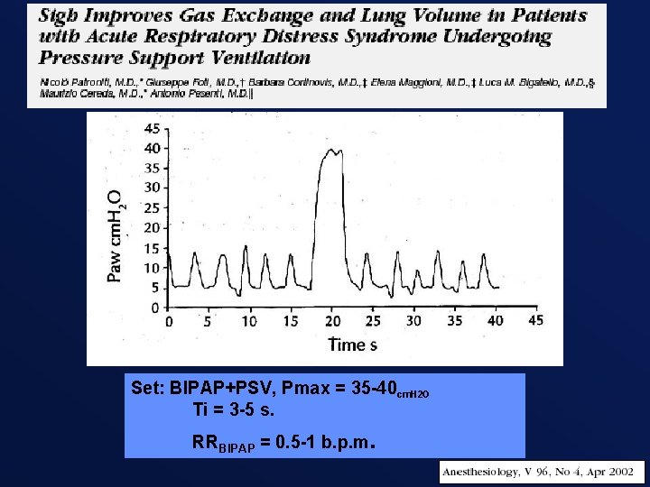 Set: BIPAP+PSV, Pmax = 35 -40 cm. H 2 O Ti = 3 -5