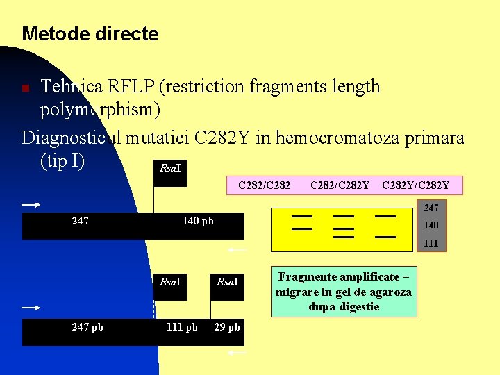 Metode directe Tehnica RFLP (restriction fragments length polymorphism) Diagnosticul mutatiei C 282 Y in