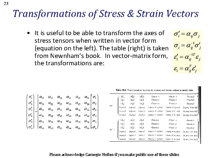 23 Transformations of Stress & Strain Vectors • It is useful to be able