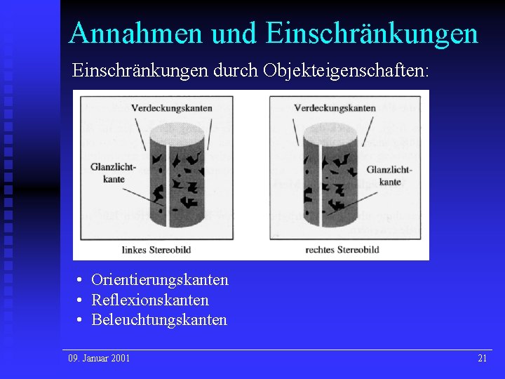Annahmen und Einschränkungen durch Objekteigenschaften: • Orientierungskanten • Reflexionskanten • Beleuchtungskanten 09. Januar 2001 Annahmen und Einschränkungen durch Objekteigenschaften: • Orientierungskanten • Reflexionskanten • Beleuchtungskanten 09. Januar 2001