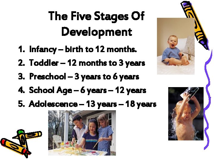 The Five Stages Of Development 1. 2. 3. 4. 5. Infancy – birth to