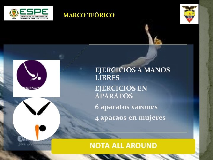 MARCO TEÓRICO EJERCICIOS A MANOS LIBRES EJERCICIOS EN APARATOS 6 aparatos varones 4 aparaos