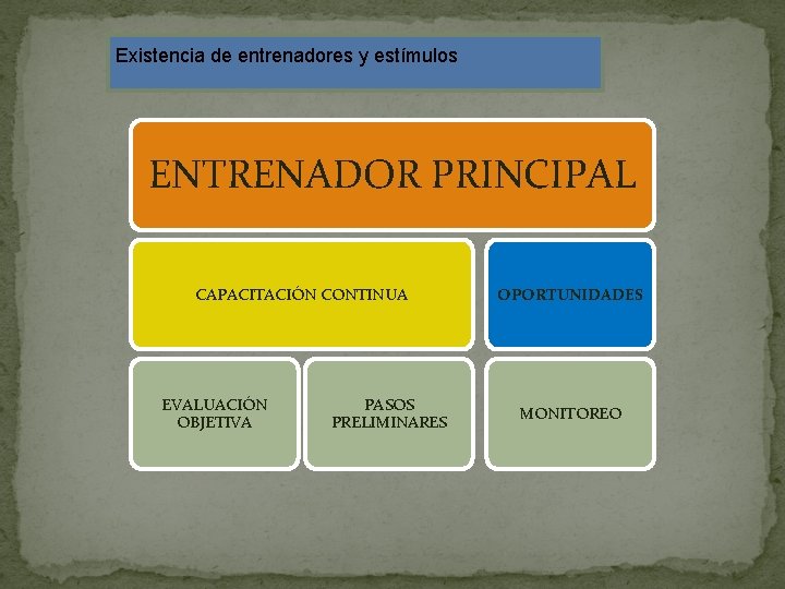 Existencia de entrenadores y estímulos ENTRENADOR PRINCIPAL CAPACITACIÓN CONTINUA EVALUACIÓN OBJETIVA PASOS PRELIMINARES OPORTUNIDADES