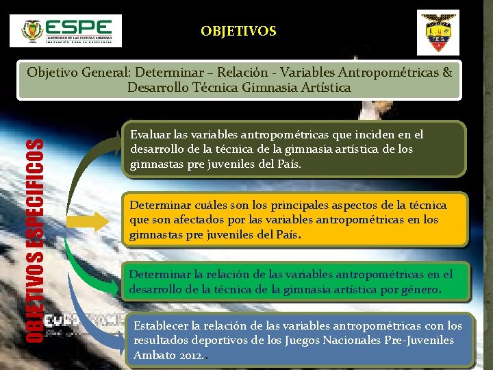 OBJETIVOS ESPECIFICOS Objetivo General: Determinar – Relación - Variables Antropométricas & Desarrollo Técnica Gimnasia
