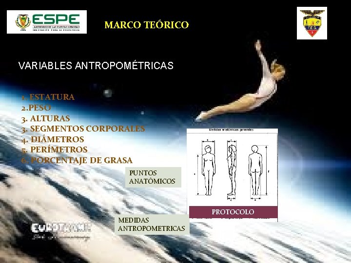 MARCO TEÓRICO VARIABLES ANTROPOMÉTRICAS 1. ESTATURA 2. PESO 3. ALTURAS 3. SEGMENTOS CORPORALES 4.