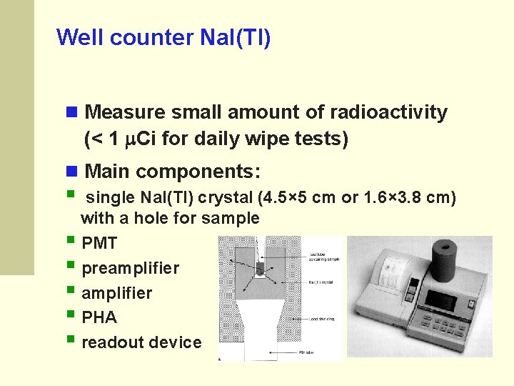Well counter Na. I(Tl) Measure small amount of radioactivity (< 1 Ci for daily