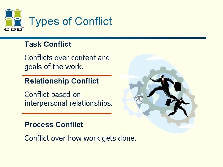 Types of Conflict Task Conflicts over content and goals of the work. Relationship Conflict Types of Conflict Task Conflicts over content and goals of the work. Relationship Conflict