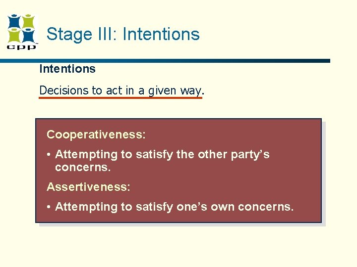 Stage III: Intentions Decisions to act in a given way. Cooperativeness: • Attempting to Stage III: Intentions Decisions to act in a given way. Cooperativeness: • Attempting to