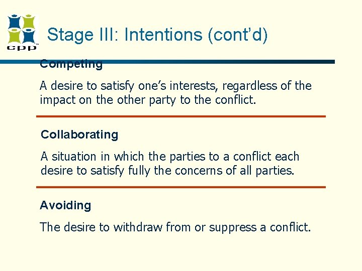 Stage III: Intentions (cont’d) Competing A desire to satisfy one’s interests, regardless of the Stage III: Intentions (cont’d) Competing A desire to satisfy one’s interests, regardless of the