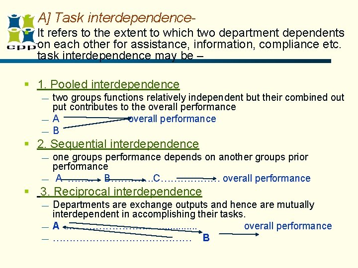 § A] Task interdependence§ It refers to the extent to which two department dependents