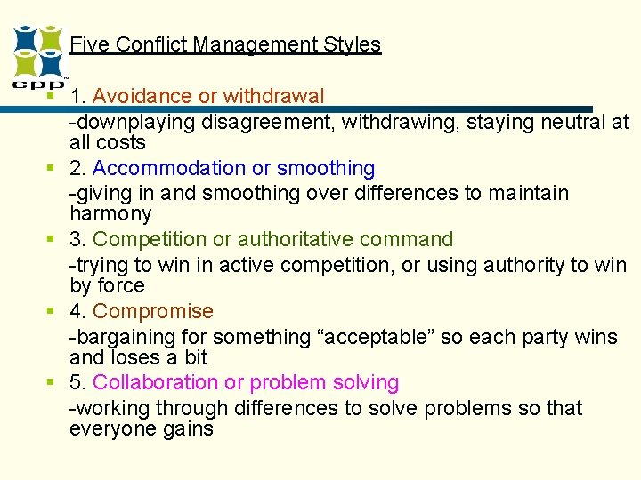 § Five Conflict Management Styles § 1. Avoidance or withdrawal -downplaying disagreement, withdrawing, staying § Five Conflict Management Styles § 1. Avoidance or withdrawal -downplaying disagreement, withdrawing, staying