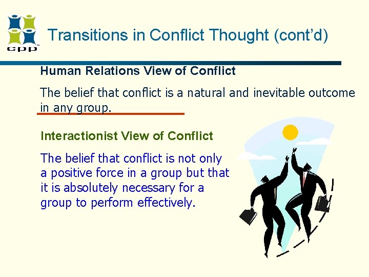Transitions in Conflict Thought (cont’d) Human Relations View of Conflict The belief that conflict Transitions in Conflict Thought (cont’d) Human Relations View of Conflict The belief that conflict