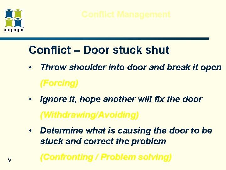 Conflict Management Conflict – Door stuck shut • Throw shoulder into door and break Conflict Management Conflict – Door stuck shut • Throw shoulder into door and break