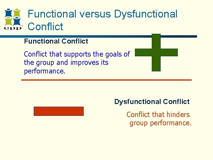Functional versus Dysfunctional Conflict Functional Conflict that supports the goals of the group and Functional versus Dysfunctional Conflict Functional Conflict that supports the goals of the group and