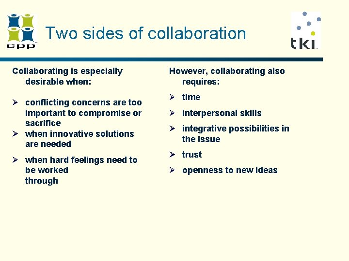 Two sides of collaboration Collaborating is especially desirable when: Ø conflicting concerns are too Two sides of collaboration Collaborating is especially desirable when: Ø conflicting concerns are too