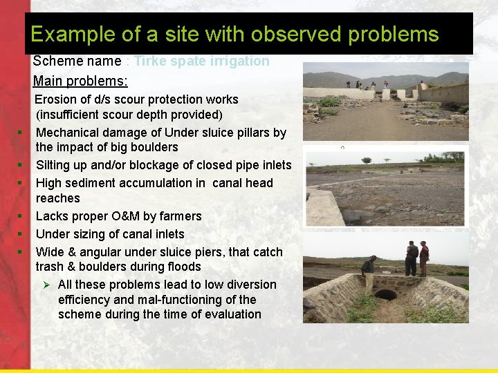Example of a site with observed problems Scheme name : Tirke spate irrigation Main