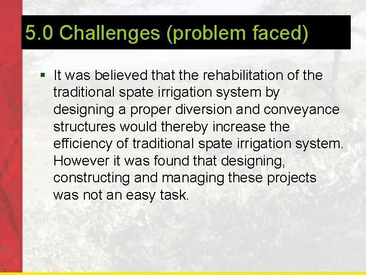 5. 0 Challenges (problem faced) § It was believed that the rehabilitation of the