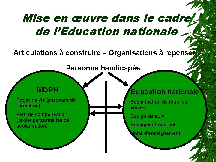 Mise en œuvre dans le cadre de l’Education nationale Articulations à construire – Organisations