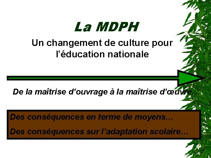 La MDPH Un changement de culture pour l’éducation nationale De la maîtrise d’ouvrage à