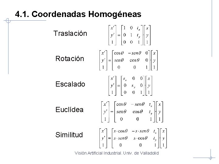 4. 1. Coordenadas Homogéneas Traslación Rotación Escalado Euclídea Similitud Visión Artificial Industrial. Univ. de