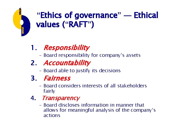 “Ethics of governance” — Ethical values (“RAFT”) 1. Responsibility – Board responsibility for company’s