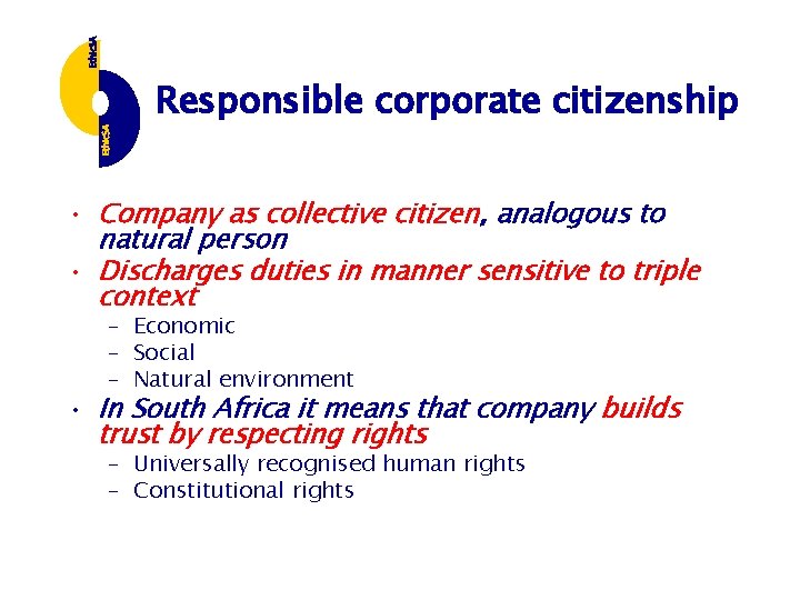 Responsible corporate citizenship • Company as collective citizen, analogous to natural person • Discharges