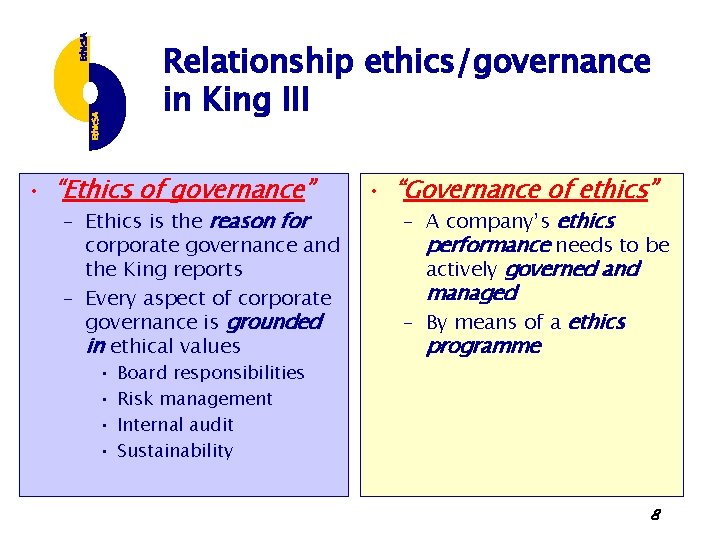 Relationship ethics/governance in King III • “Ethics of governance” – Ethics is the reason