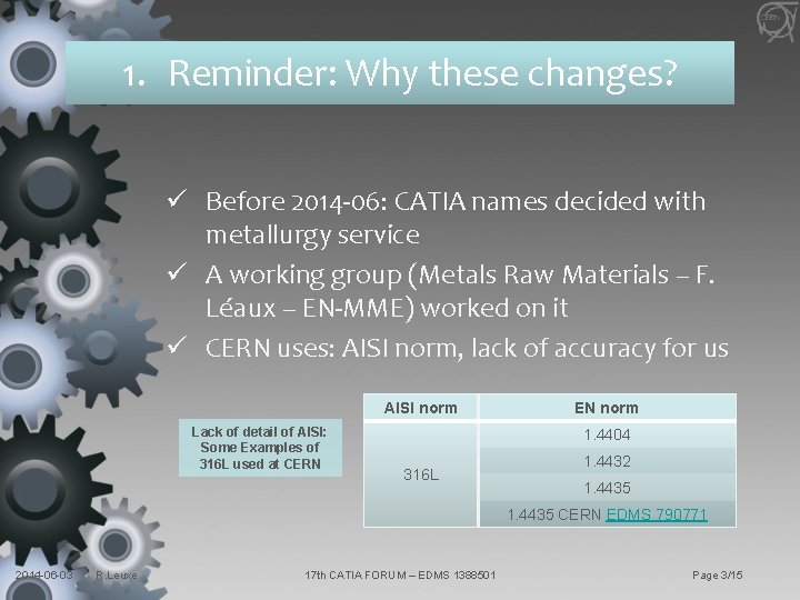 1. Reminder: Why these changes? ü Before 2014 -06: CATIA names decided with metallurgy