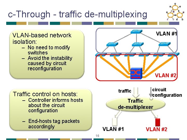 c-Through - traffic de-multiplexing VLAN #1 VLAN-based network isolation: – No need to modify