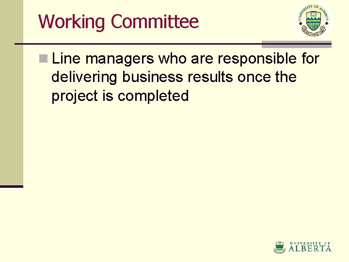 Working Committee n Line managers who are responsible for delivering business results once the