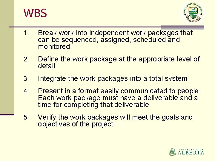 WBS 1. Break work into independent work packages that can be sequenced, assigned, scheduled