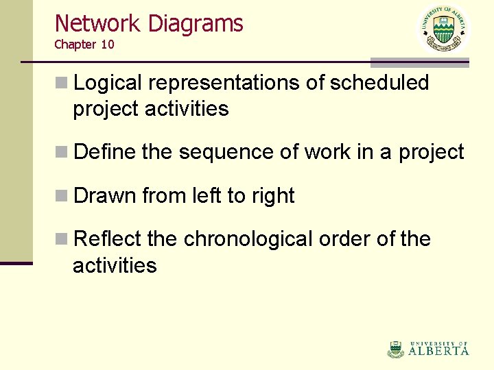 Network Diagrams Chapter 10 n Logical representations of scheduled project activities n Define the