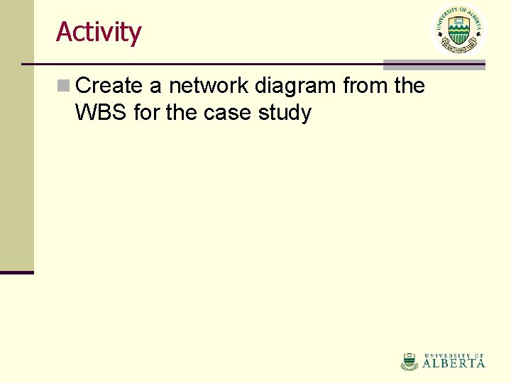 Activity n Create a network diagram from the WBS for the case study 