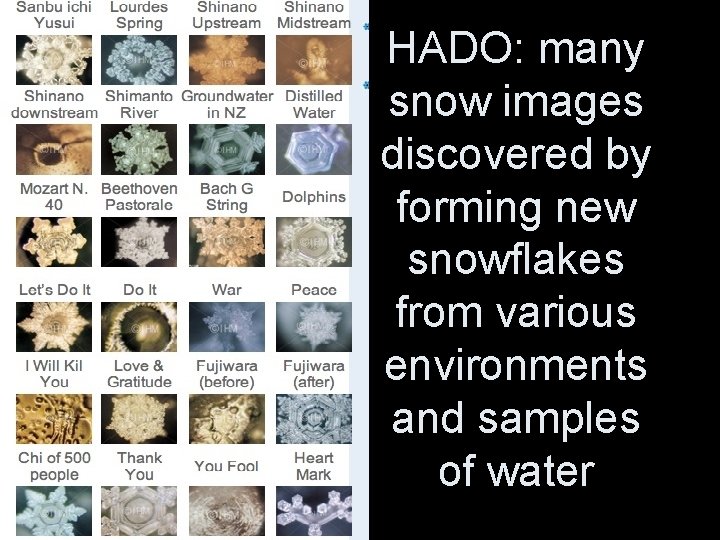 HADO: many snow images discovered by forming new snowflakes from various environments and samples