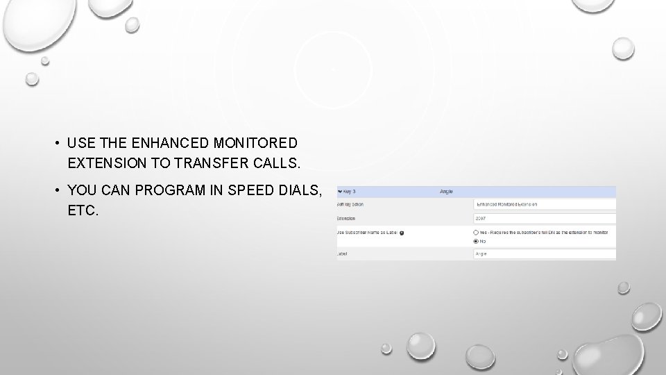  • USE THE ENHANCED MONITORED EXTENSION TO TRANSFER CALLS. • YOU CAN PROGRAM