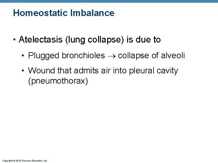 Homeostatic Imbalance • Atelectasis (lung collapse) is due to • Plugged bronchioles collapse of
